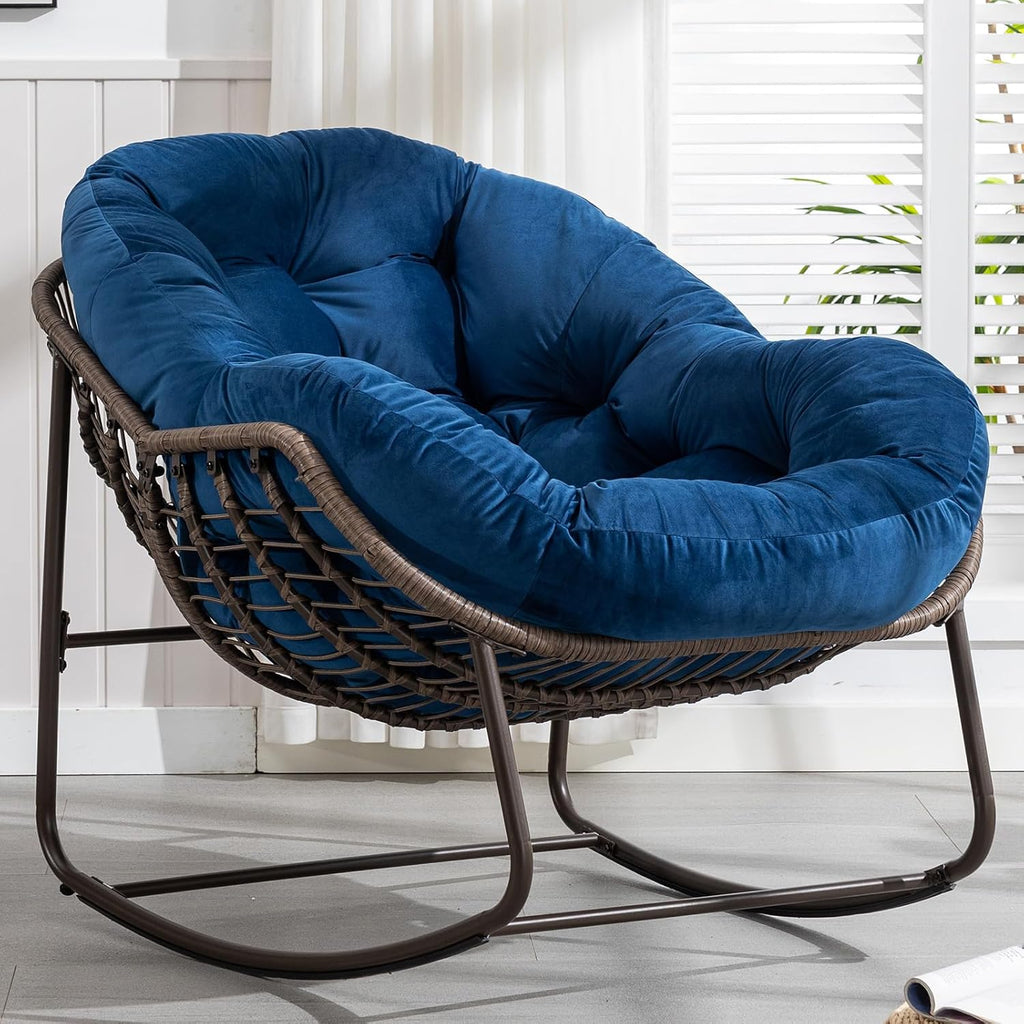 HRVEOCEI Papasan Rocking Chair with Cushion and Frame, Oversized Rocking Chair Indoor/Outdoor, Circle Chairs for Patio Garden Front Porch, Corduroy/Velvet (Navy Blue)