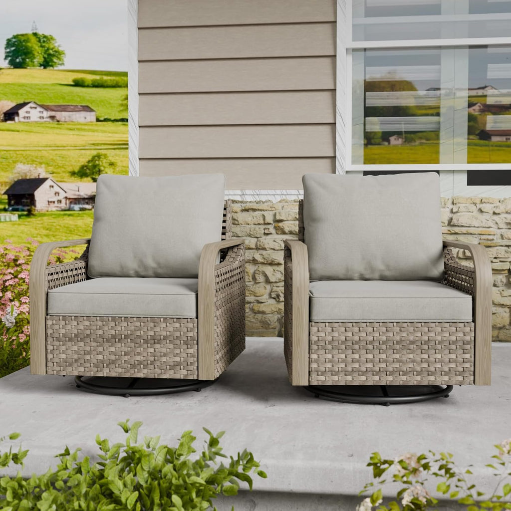 COOS BAY Modern Outdoor Swivel Rocker Chairs, Wicker Glider Rocking Chairs with Cushions, 360° Swivel Rattan Patio Seating, 2 Pieces, Brown/Gray