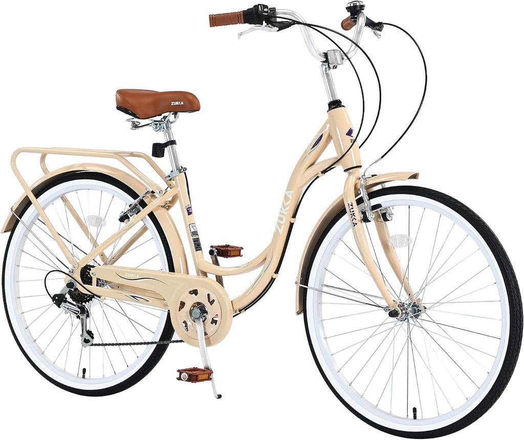 MEGHNA Beach Cruiser Bike Low Step - Through 24 inch/26 inch Bike Elegant Lady Bike V - Brake 7 Speed Cruiser Bike with Rear Rack Bell for Girls Women Senior, Multi-Colors