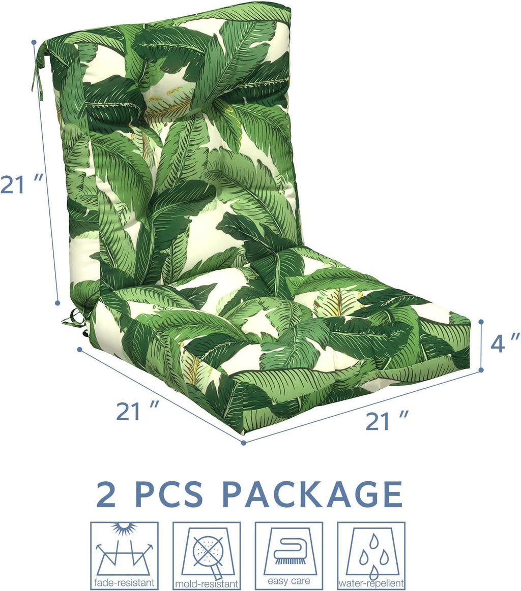 LVTXIII Outdoor Tufted Low Back Cushions, Solid Fluffy Seat and Back Chair Cushion with Ties, Patio Replacement Rocking Chair Cushion for Outdoor Furniture Use, 21 W x 21D, 2 Pack, Swaying Palms Green