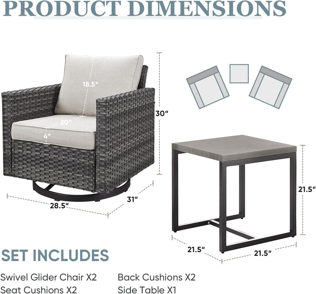 Outdoor Swivel Rocking Chairs,3 Pieces Patio Bistro Sets Rattan Chairs Set of 2 with Matching Side Table for Deck Porch Garden Backyard-Grey/Beige