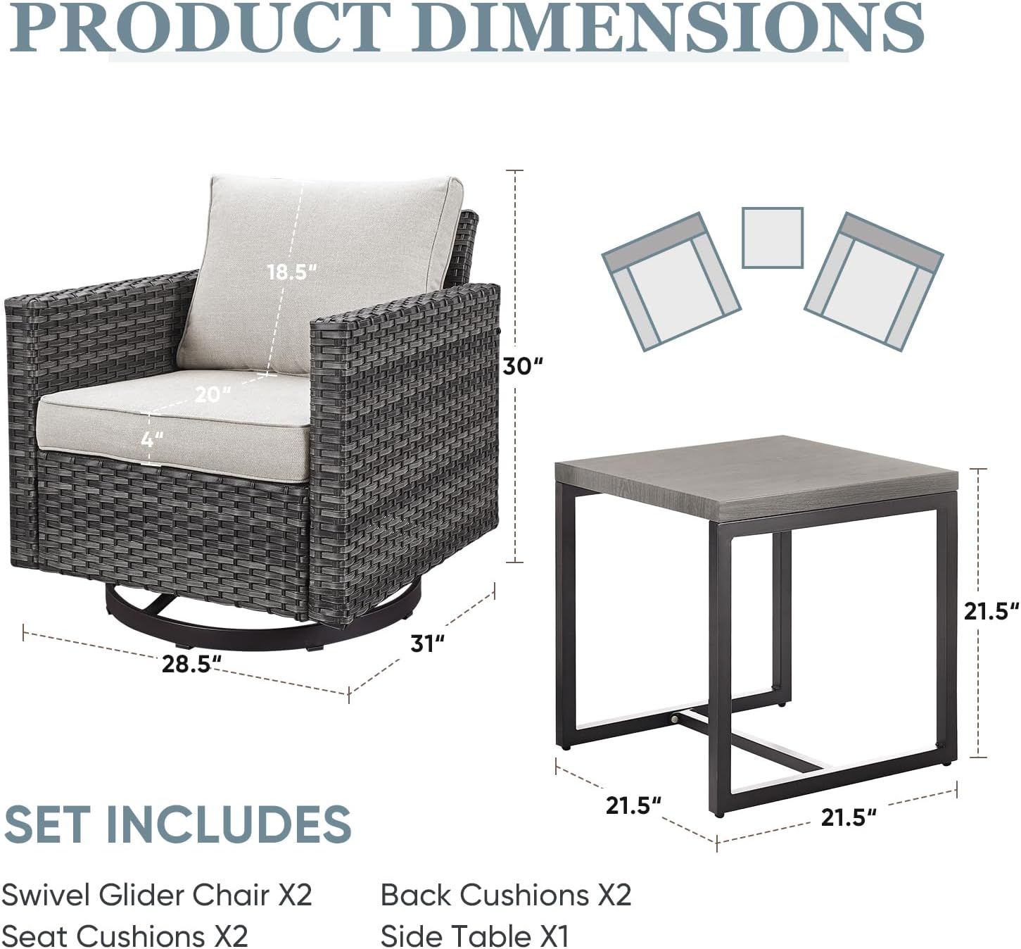 Outdoor Swivel Rocking Chairs,3 Pieces Patio Bistro Sets Rattan Chairs Set of 2 with Matching Side Table for Deck Porch Garden Backyard-Grey/Beige