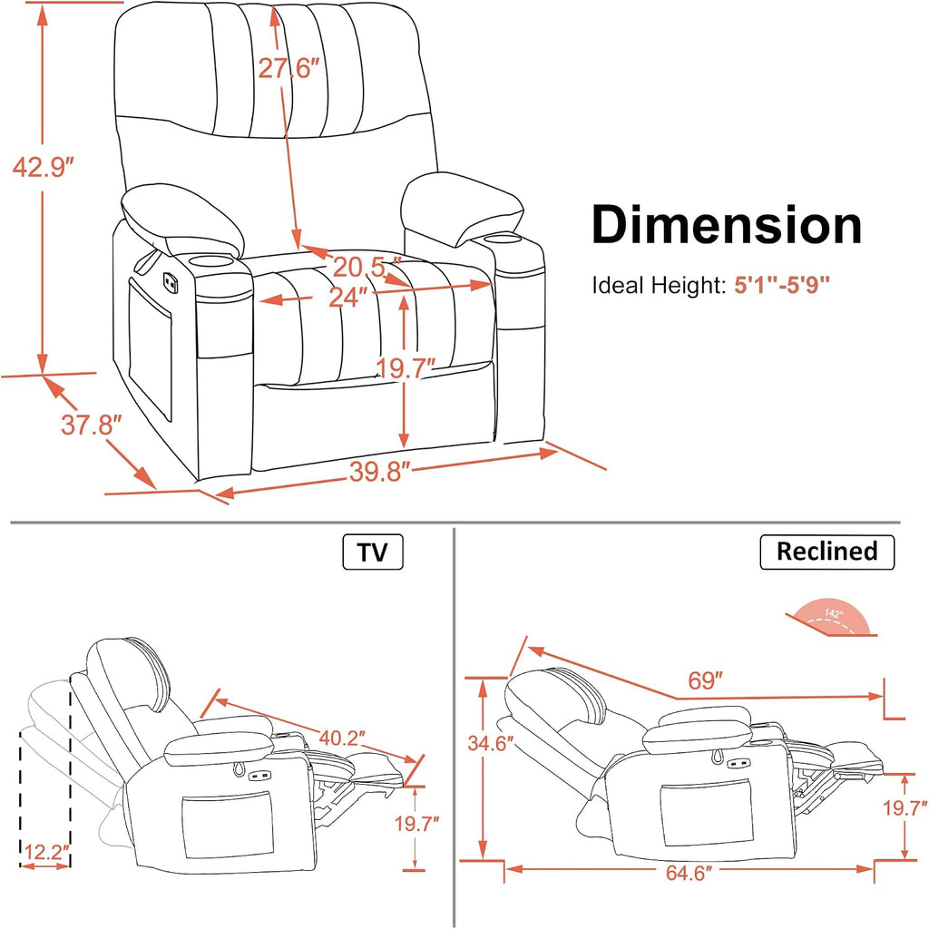 MCombo Oversized Swivel Glider Rocker Power Recliner Chair for Living Room with Heat and Vibration Massage, USB Ports, Cup Holders and Pockets, Faux Leather 7785 (Chocolate Brown)