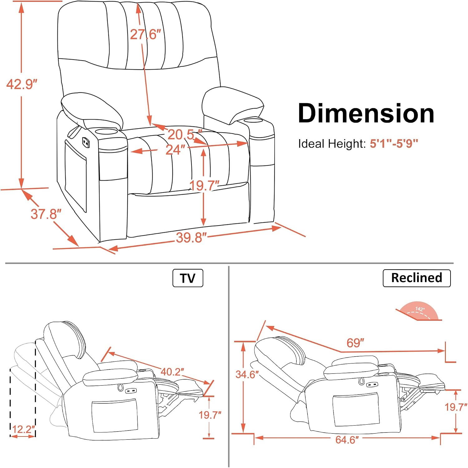 MCombo Oversized Swivel Glider Rocker Power Recliner Chair for Living Room with Heat and Vibration Massage, USB Ports, Cup Holders and Pockets, Faux Leather 7785 (Chocolate Brown)