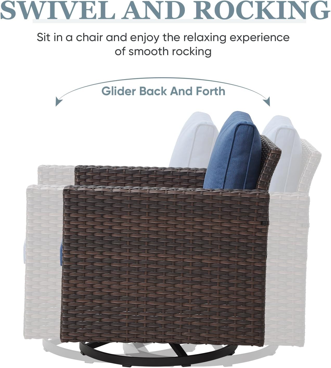 Patio Swivel Chairs,360 Degree Outdoor Swivel Glider Chair Set of 2 with High Back and Thickened Cushions for Deck Porch Garden Backyard-Brown/Blue