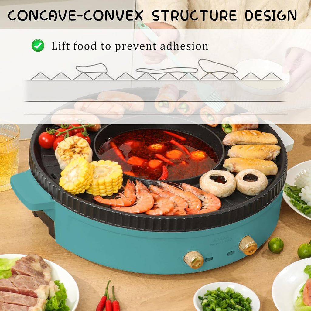 Household Electric Hot Pot with Grill, Teppanyaki Grill Pot and BBQ Pan, Independent Temperature Control, Non-stick Coating, Easy to Clean, For 1-2 People to Enjoy, 1360 W