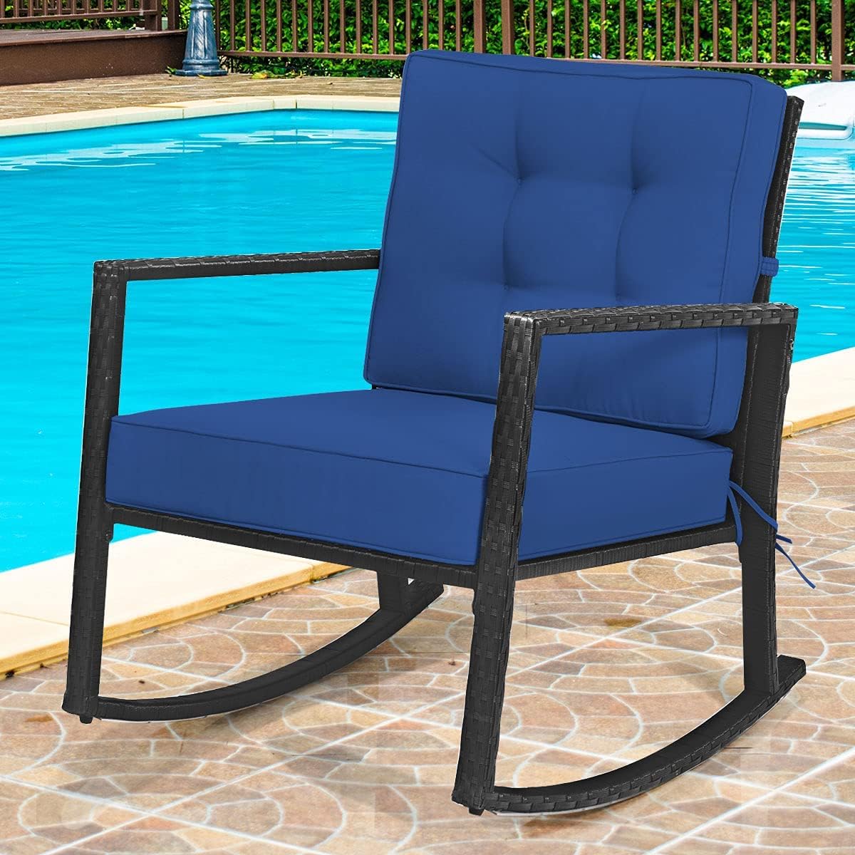 HAPPYGRILL Wicker Rocking Chair, Outdoor Patio Glider Chair with Heavy-Duty Frame, Thick Cushion, Rattan Rocking Chair for Backyard Garden Porch