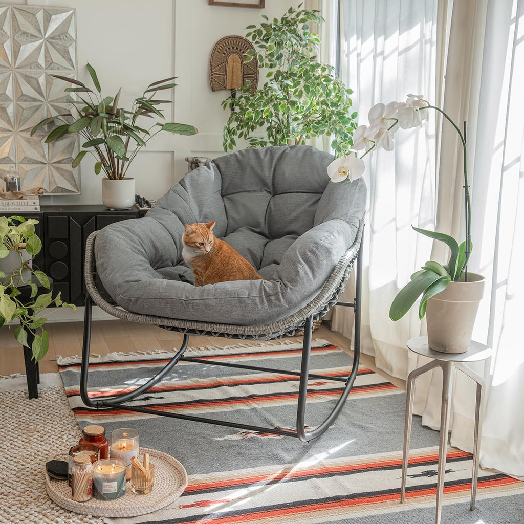 Barton Rocking Chair Outdoor Papasan Rocking Chair with Cushion Outdoor/Indoor Rocker Chair Patio Porch Garden Backyard, Grey