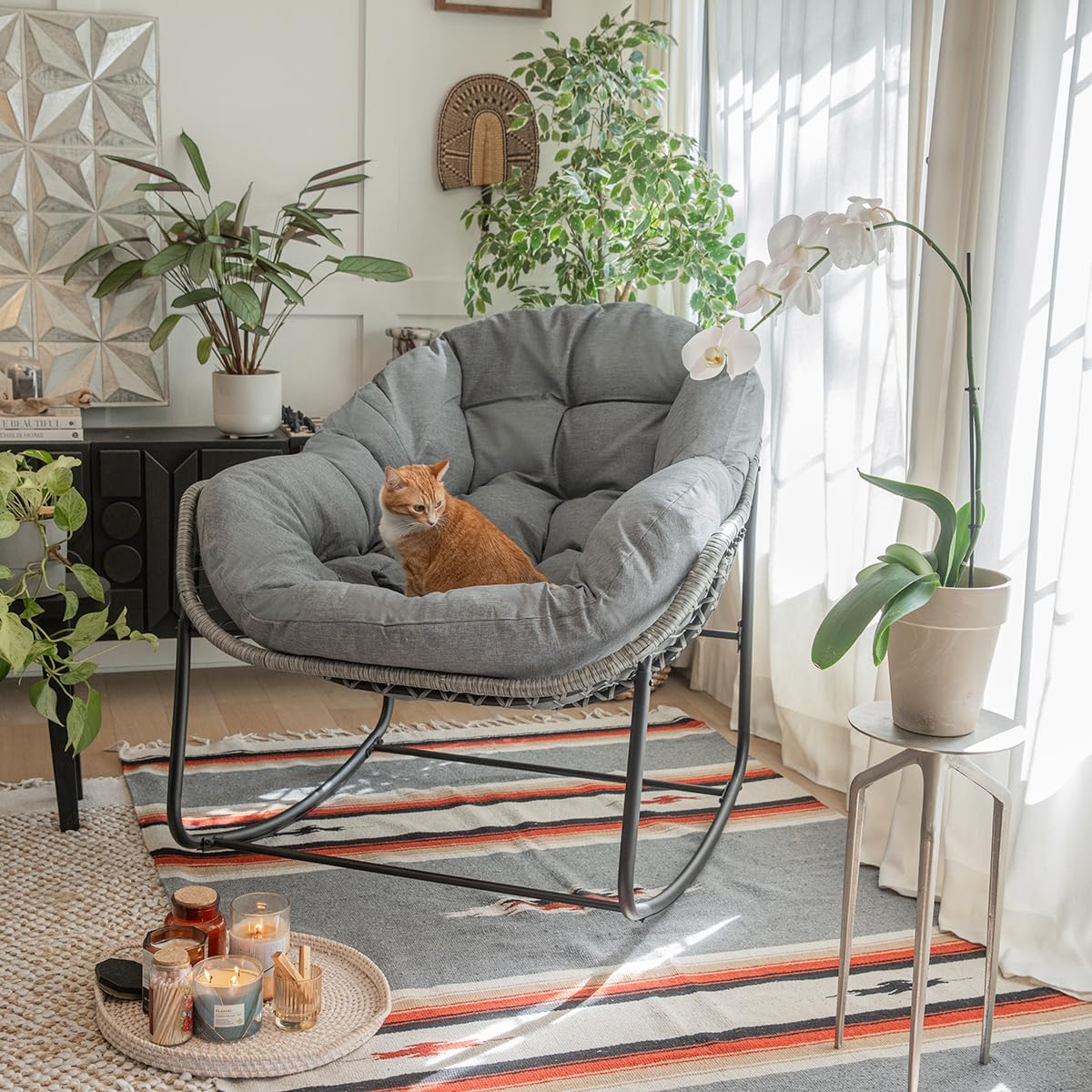 Barton Rocking Chair Outdoor Papasan Rocking Chair with Cushion Outdoor/Indoor Rocker Chair Patio Porch Garden Backyard, Grey