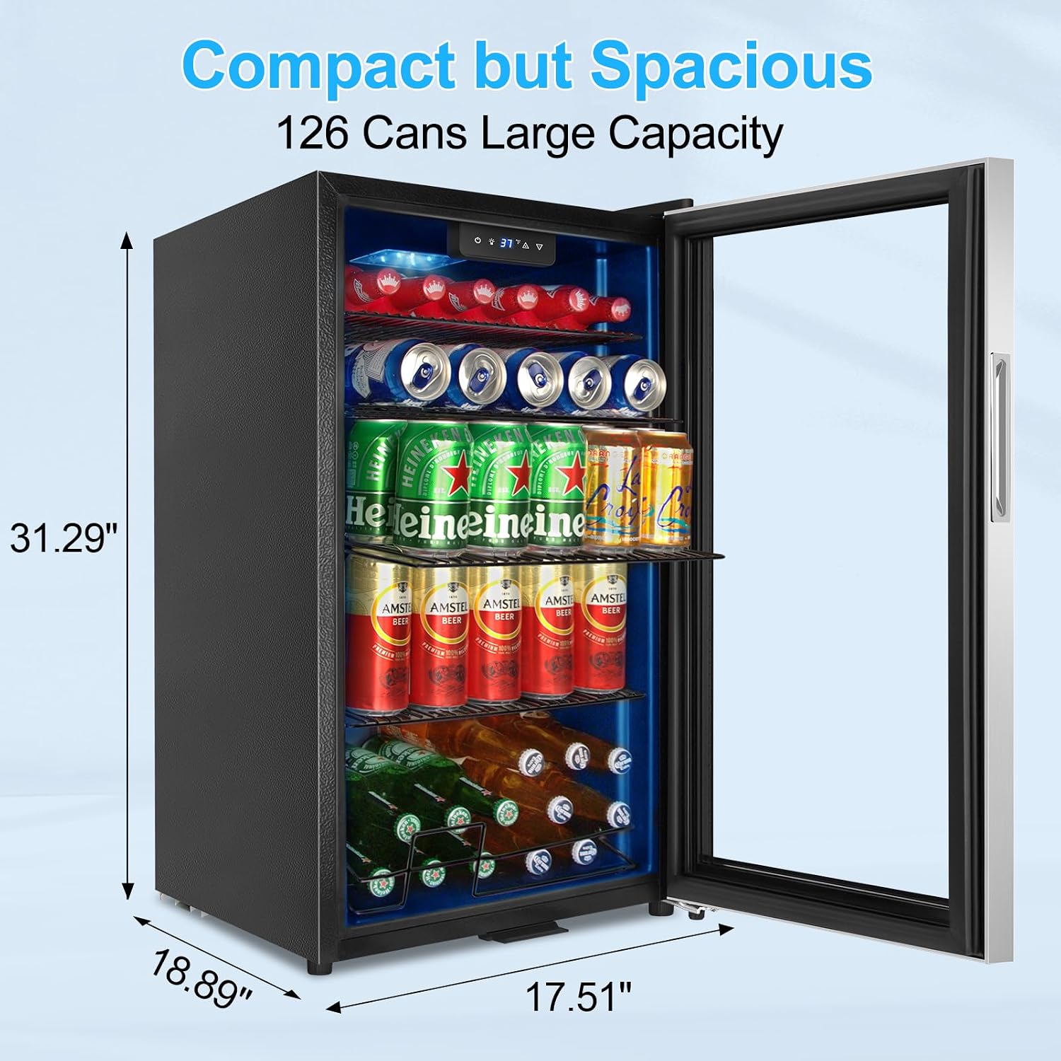 FoMup Beverage Refrigerator 126 Can, Mini Beverage Fridge Small Beverage Cooler Stainless Steel with Glass Door Safety Lock, Drink Fridge for Beer Soda Wine, Perfect for Dorm Office Hotel