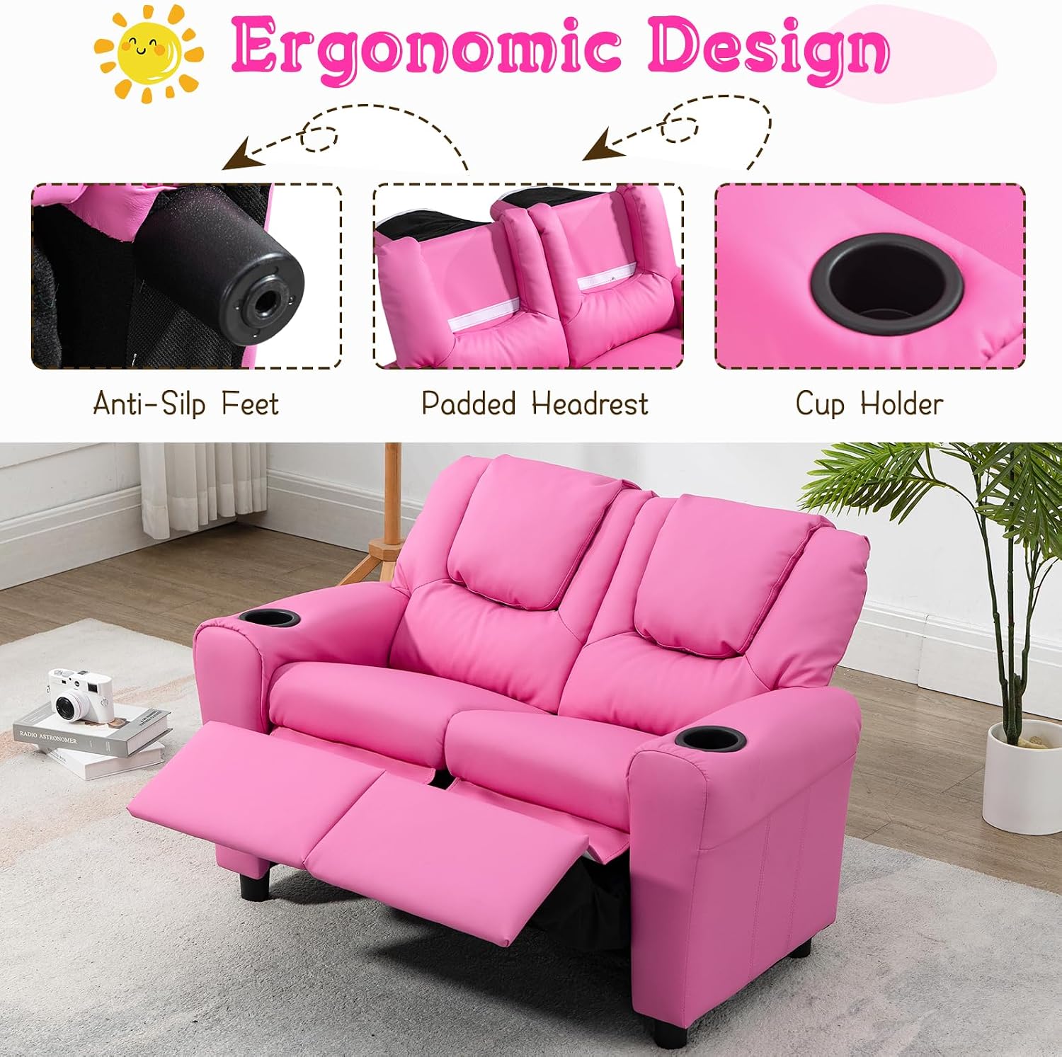 AVAWING Kids Recliner Chair, Double Kids Sofa Chair w/Cup Holder PU Leather, Toddler Loveseat Couch w/Adjustable Footrest & Headrest for Boys Girls 3+ Age Group, Pink