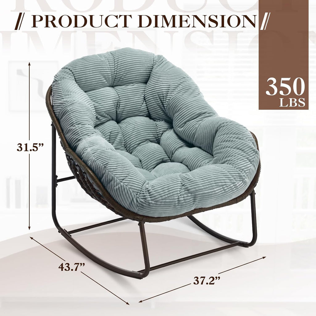 Oversized Indoor/Outdoor Corduroy Rocking Papasan Chair, Modern Egg-Shaped Design with Thick Memory Foam Cushion, Green