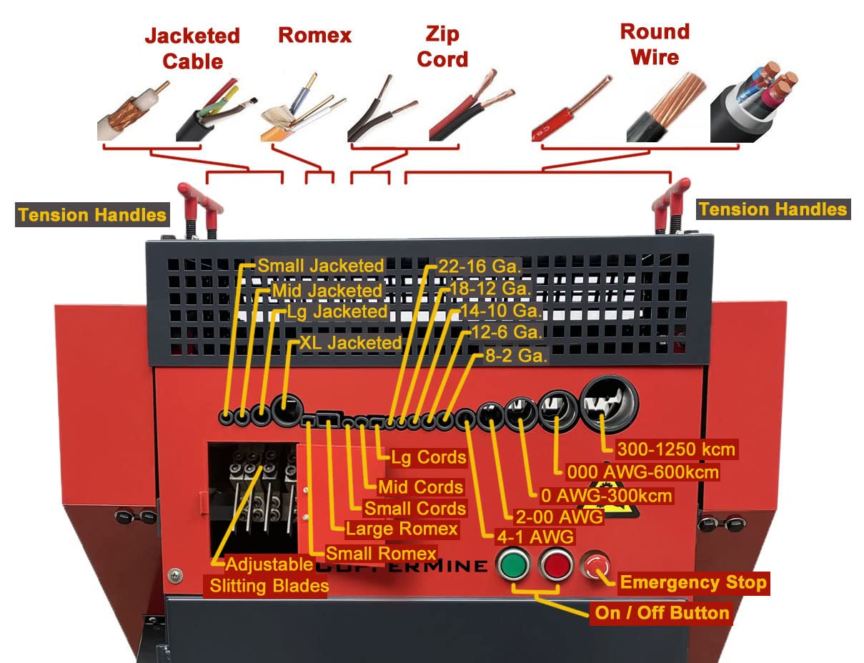 CopperMine Wire Stripping Machine Automatic Industrial Wire Stripper 120VAC Power Copper Wire Stripping Machine & Cable Peeler for Wires from 22 AWG to 1250kcm (1/16' to 1-1/2') in Diameter