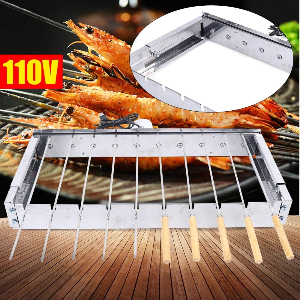 Stainless Steel Electric Skewer Barbecue Turner, Automatic and Electric Rotating Kabob Grill with 10pcs Skewers, Adjustable Width, Kebab Machine for Outdoor Family Events