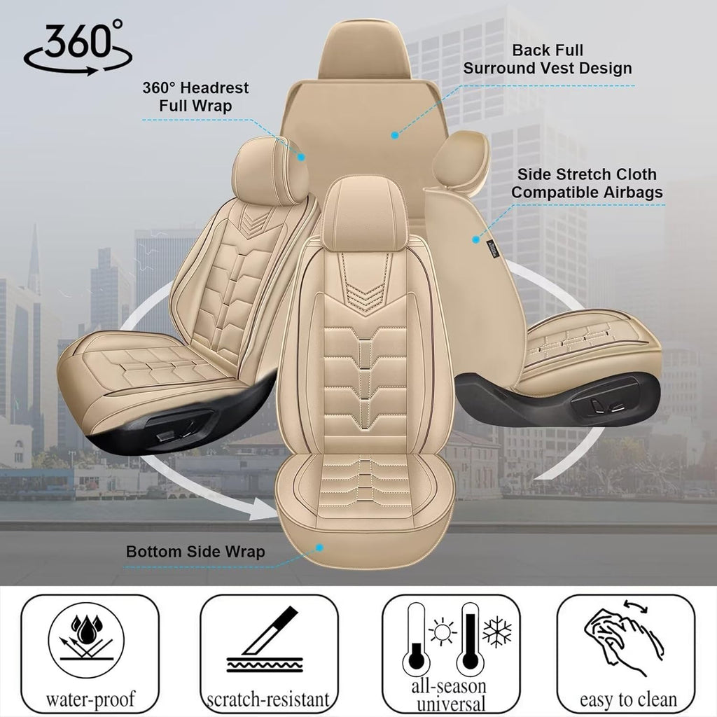 IKABEVEM Seat Covers Fit for Nissan Pathfinder 2011-2024 2025 2026 2PCS Front Car Seat Covers Faux Leather Seat Cushion Waterproof Auto Protectors(Beige)-2 Front Seat Covers