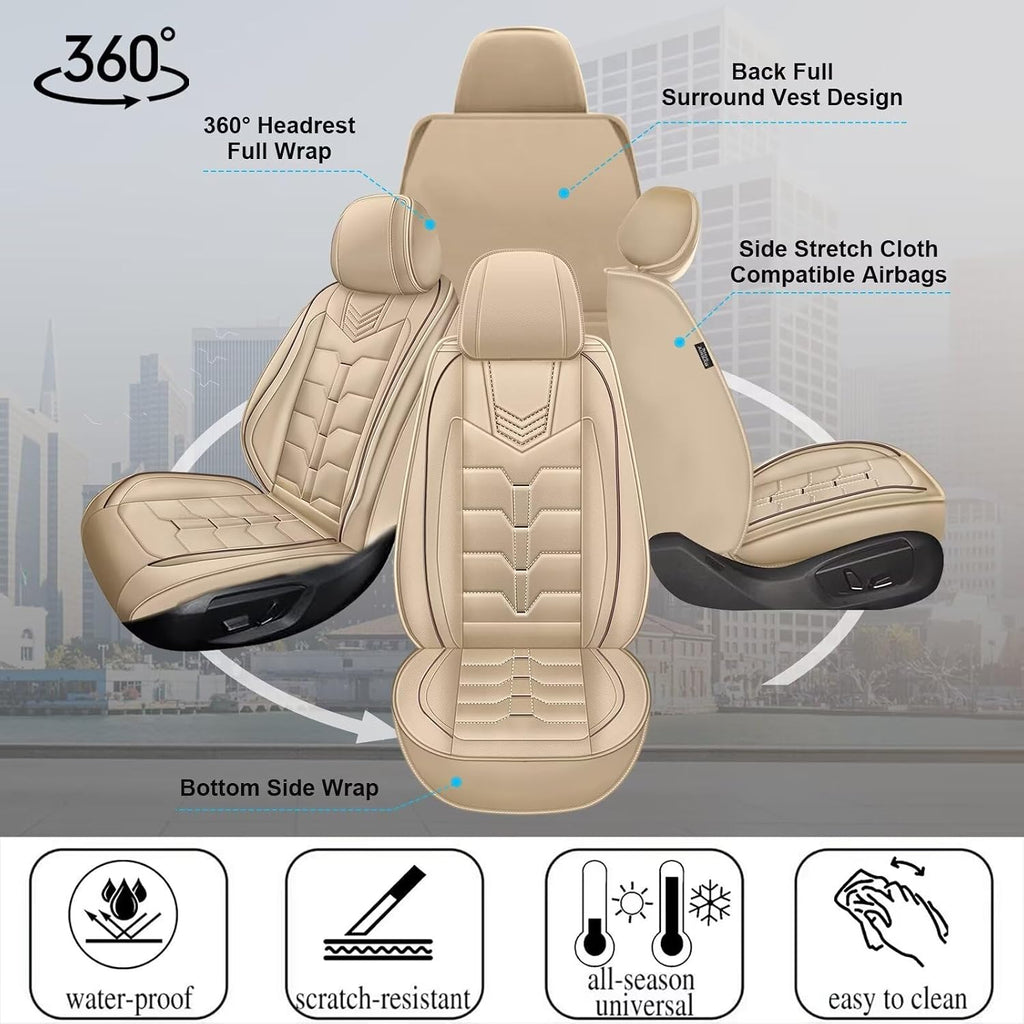 IKABEVEM Seat Covers Fit for Nissan Pathfinder 2011-2024 2025 2026 2PCS Front Car Seat Covers Faux Leather Seat Cushion Waterproof Auto Protectors(Beige)-2 Front Seat Covers
