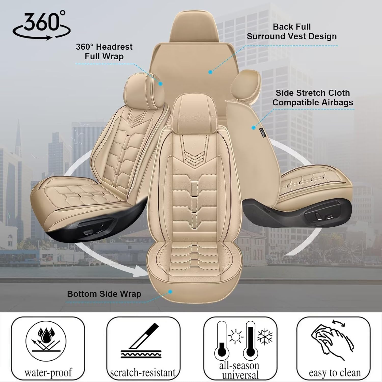 IKABEVEM Seat Covers Fit for Nissan Pathfinder 2011-2024 2025 2026 2PCS Front Car Seat Covers Faux Leather Seat Cushion Waterproof Auto Protectors(Beige)-2 Front Seat Covers