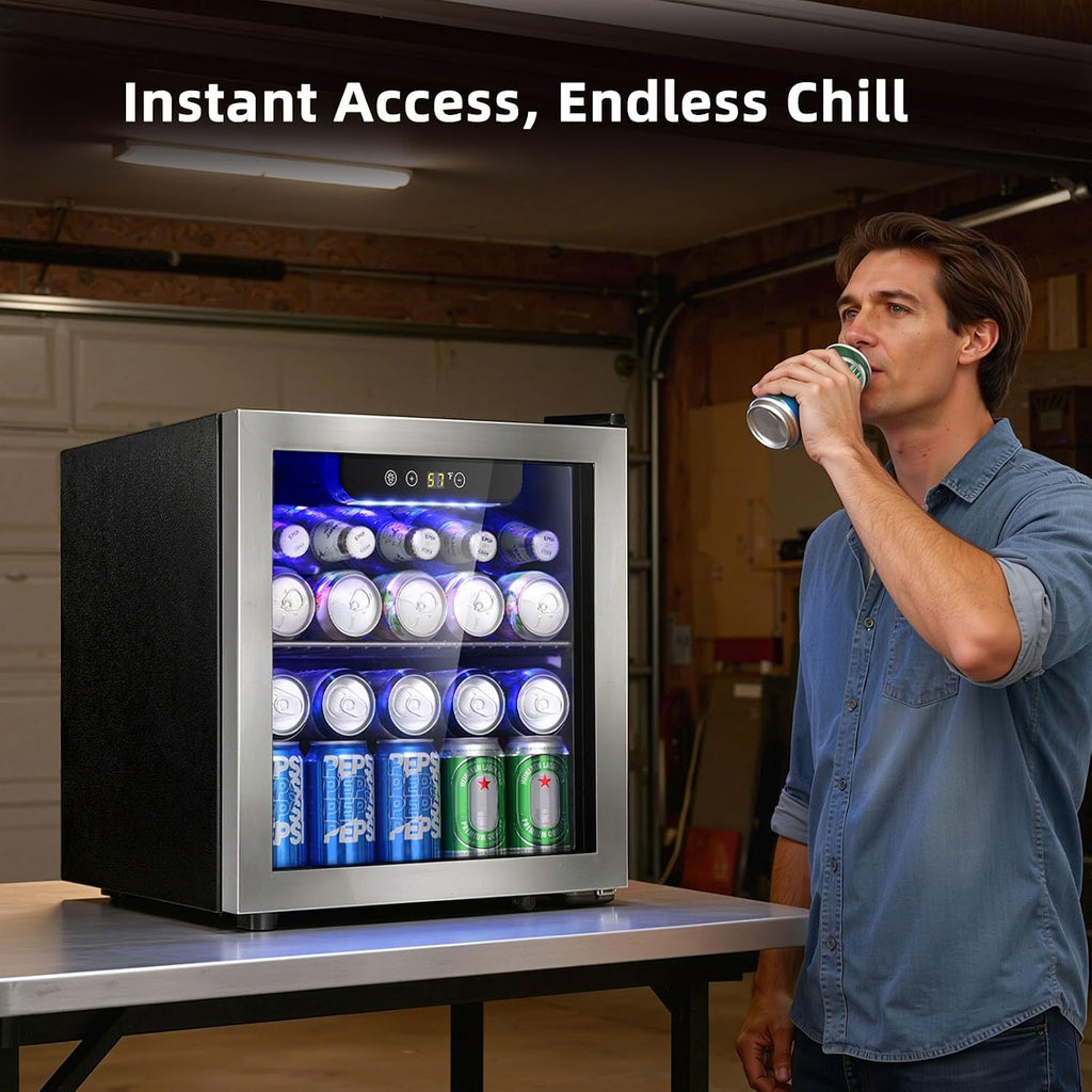 Antarctic Star 48 Can Beverage Refrigerator, 12 Bottle Mini Fridge with Seamless Stainless Steel Glass Door, Digital Temperature Display, Countertop Wine Cooler for Home Bar, Office, Kitchen, Silver