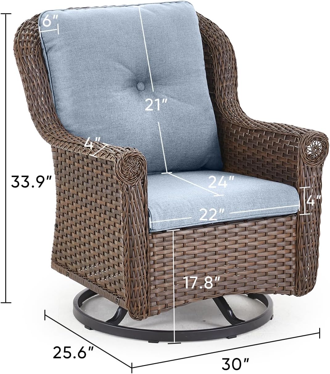 Patio Chairs Outdoor Swivel Glider - Set of 4 High Back Outside Brown Wicker Rattan Rocking Chair with Thick Cushion for Porch Apartment Deck Yard Poolside Garden - Baby Blue