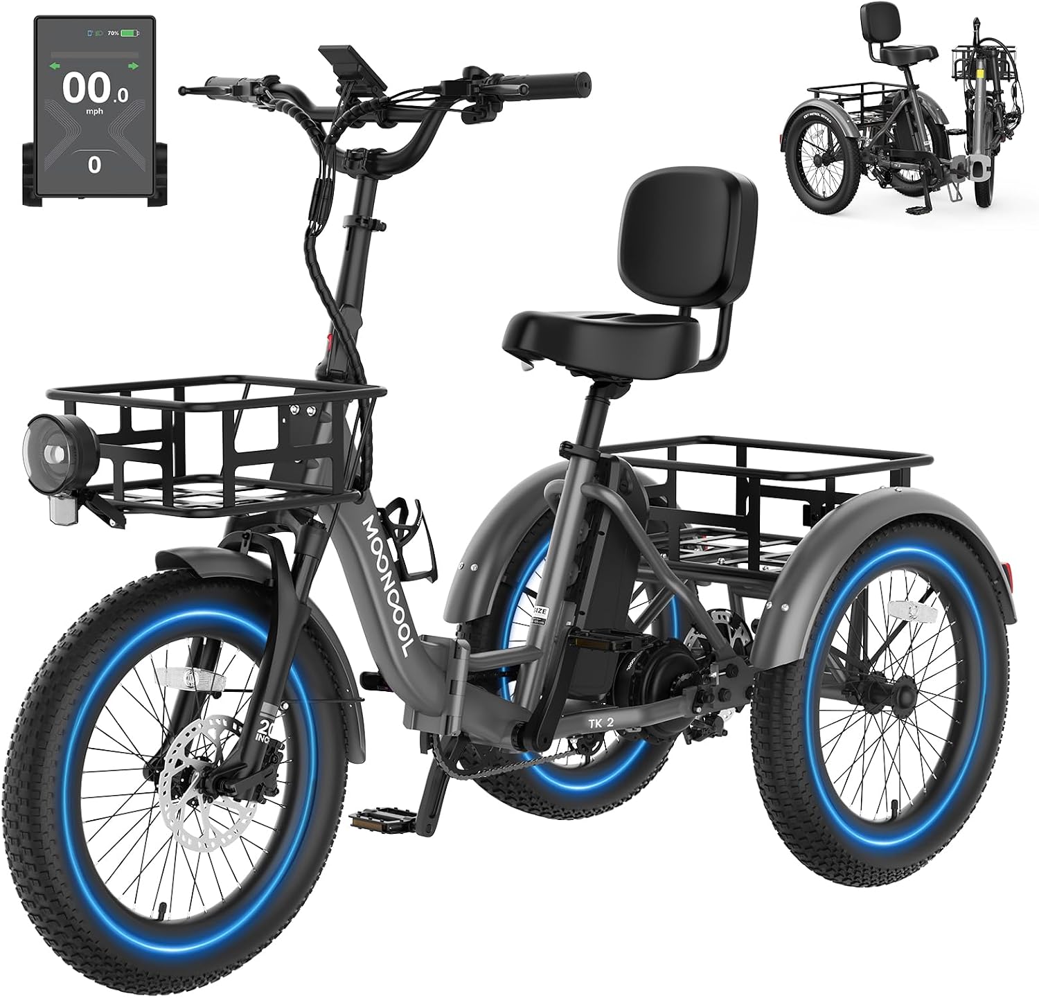 MOONCOOL Electric Trike for Adults, 500W/750W 48V Electric Tricycle for Adults, 20'x3.0' Fat Tire 3 Wheel Electric Bike, Folding Aluminum Adult Tricycle with Removable Battery