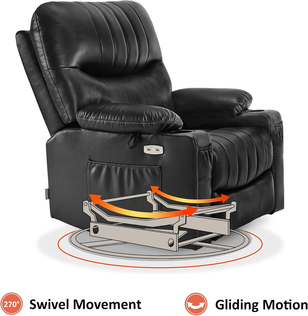 MCombo Oversized Swivel Glider Rocker Power Recliner Chair for Living Room with Heat and Vibration Massage, USB Ports, Cup Holders and Pockets, Faux Leather 7785 (Black)