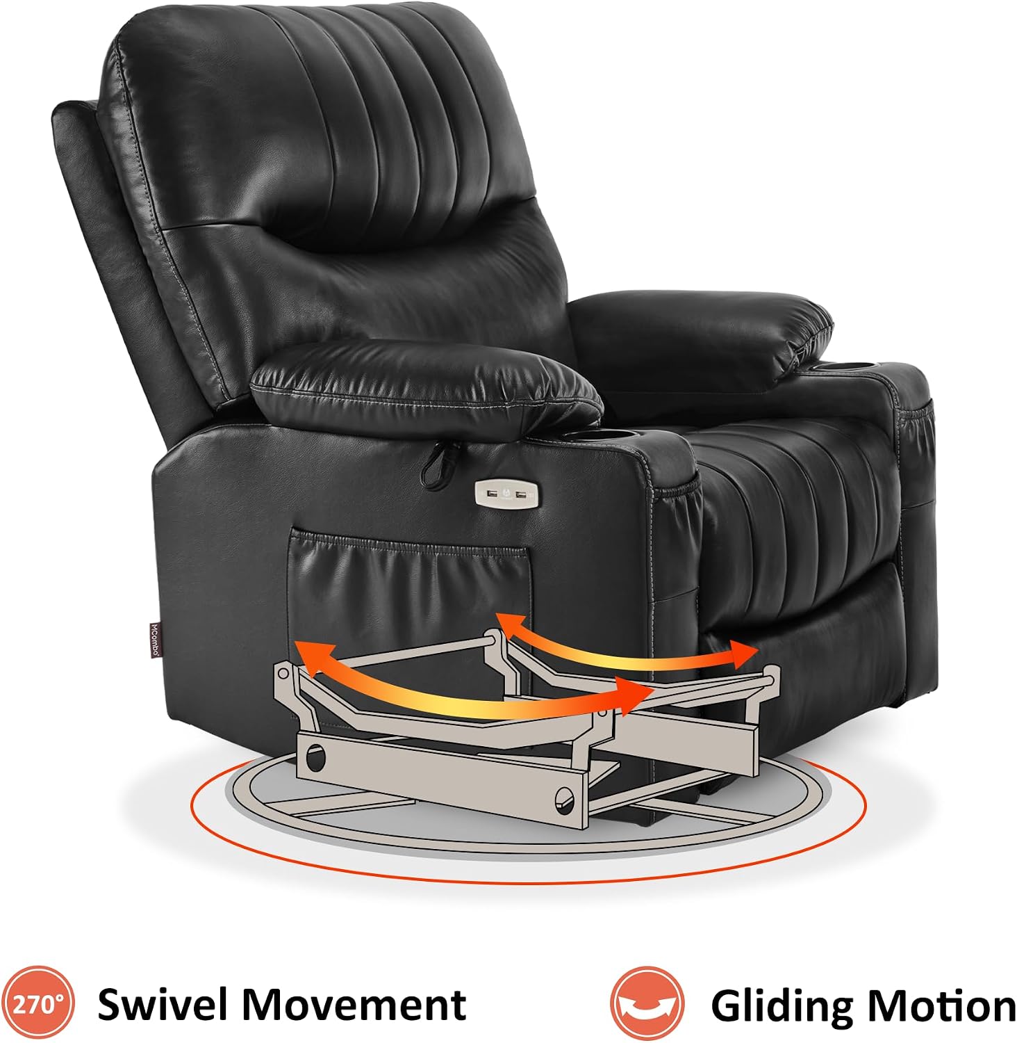 MCombo Oversized Swivel Glider Rocker Power Recliner Chair for Living Room with Heat and Vibration Massage, USB Ports, Cup Holders and Pockets, Faux Leather 7785 (Black)