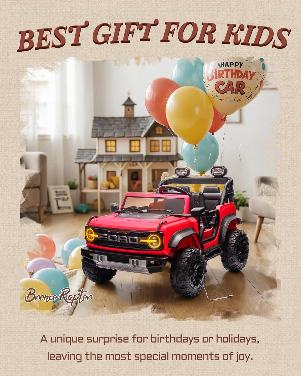 First Ride On Ford Bronco 24V Ride on Toys for Boys & Girls, 2 Seater Kids Electric Car with Remote Control, Kids Ride on Truck with Rear Wheels Suspension, Led Lights, Safety Belt (24V, Red)