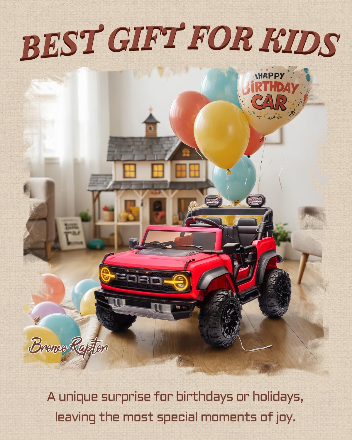 First Ride On Ford Bronco 24V Ride on Toys for Boys & Girls, 2 Seater Kids Electric Car with Remote Control, Kids Ride on Truck with Rear Wheels Suspension, Led Lights, Safety Belt (24V, Red)