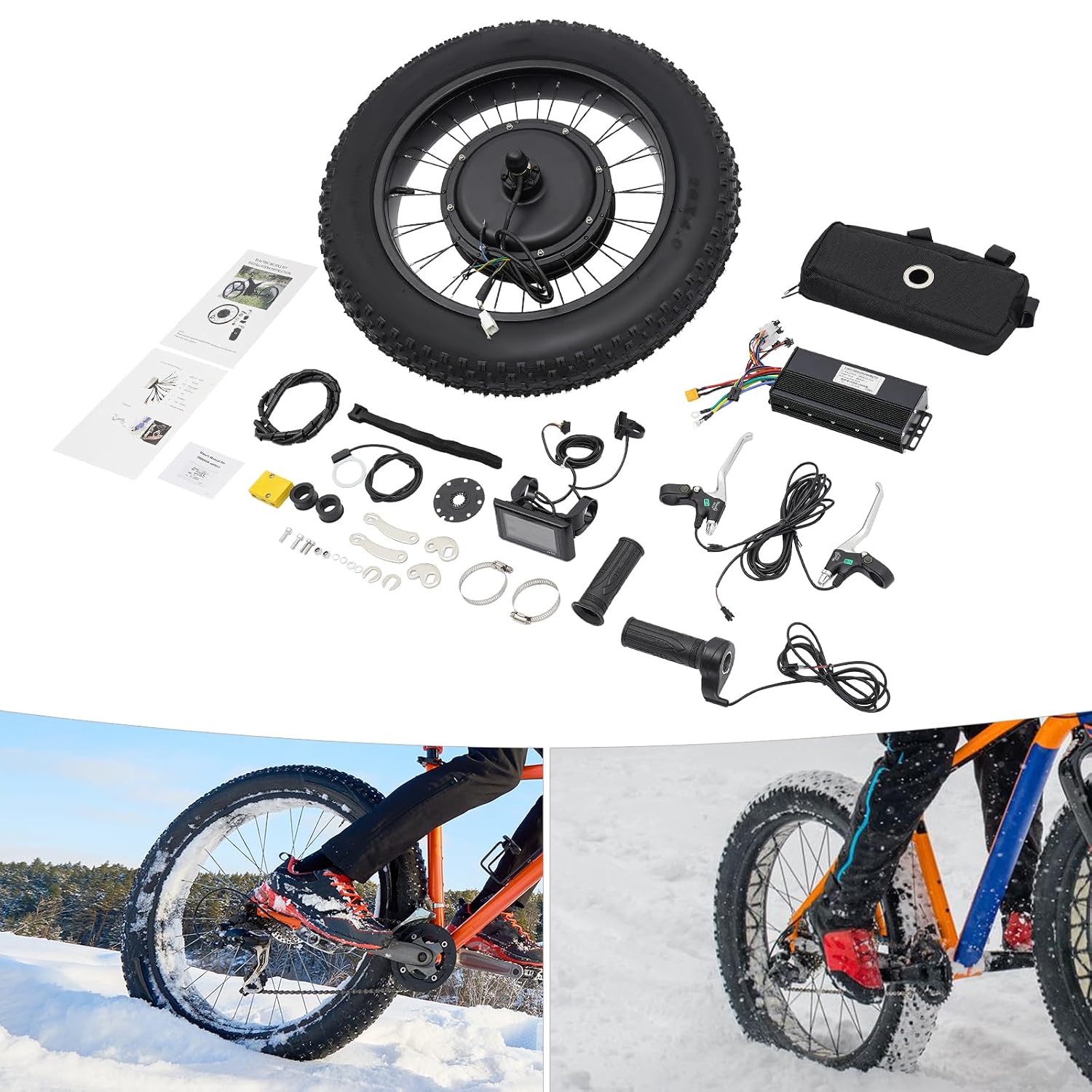 48V 1500W Electric Bicycle Conversion Kit, 20' Ebike Rear Hub Motor Wheel Kit with PAS Sensor and LCD Display Snow Bike Electric Bicycle Fat Snow Tire Motor Kits Brushless Gearless Hub Motor