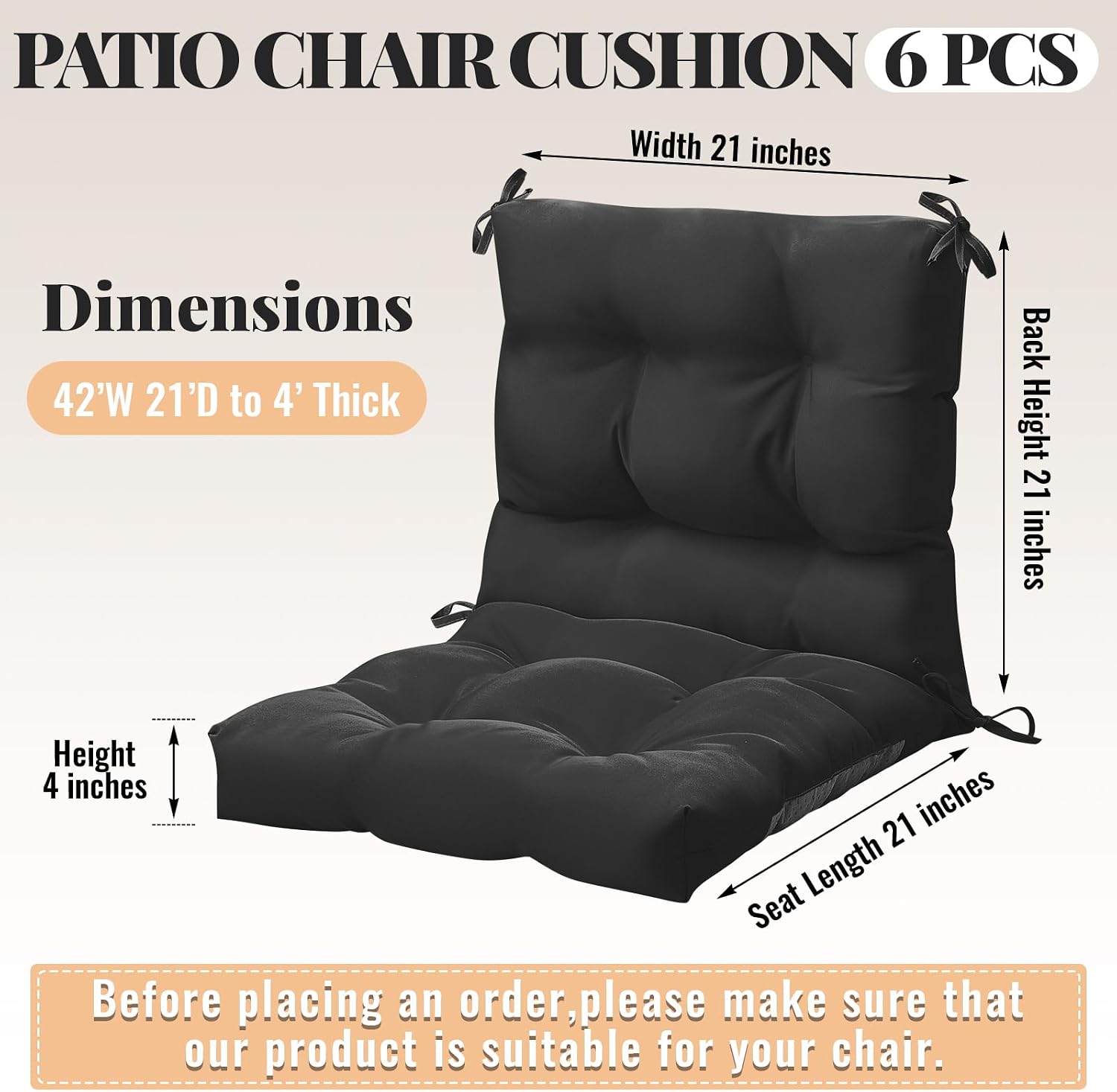 Marsui 6 Pcs Outdoor Indoor High Back Chair Cushions Patio Furniture Tufted Pillow with Ties Water-Resistant Replacement Outdoor Rocking Chair Cushions, 42 x 21 Inches (Black,Solid Color)