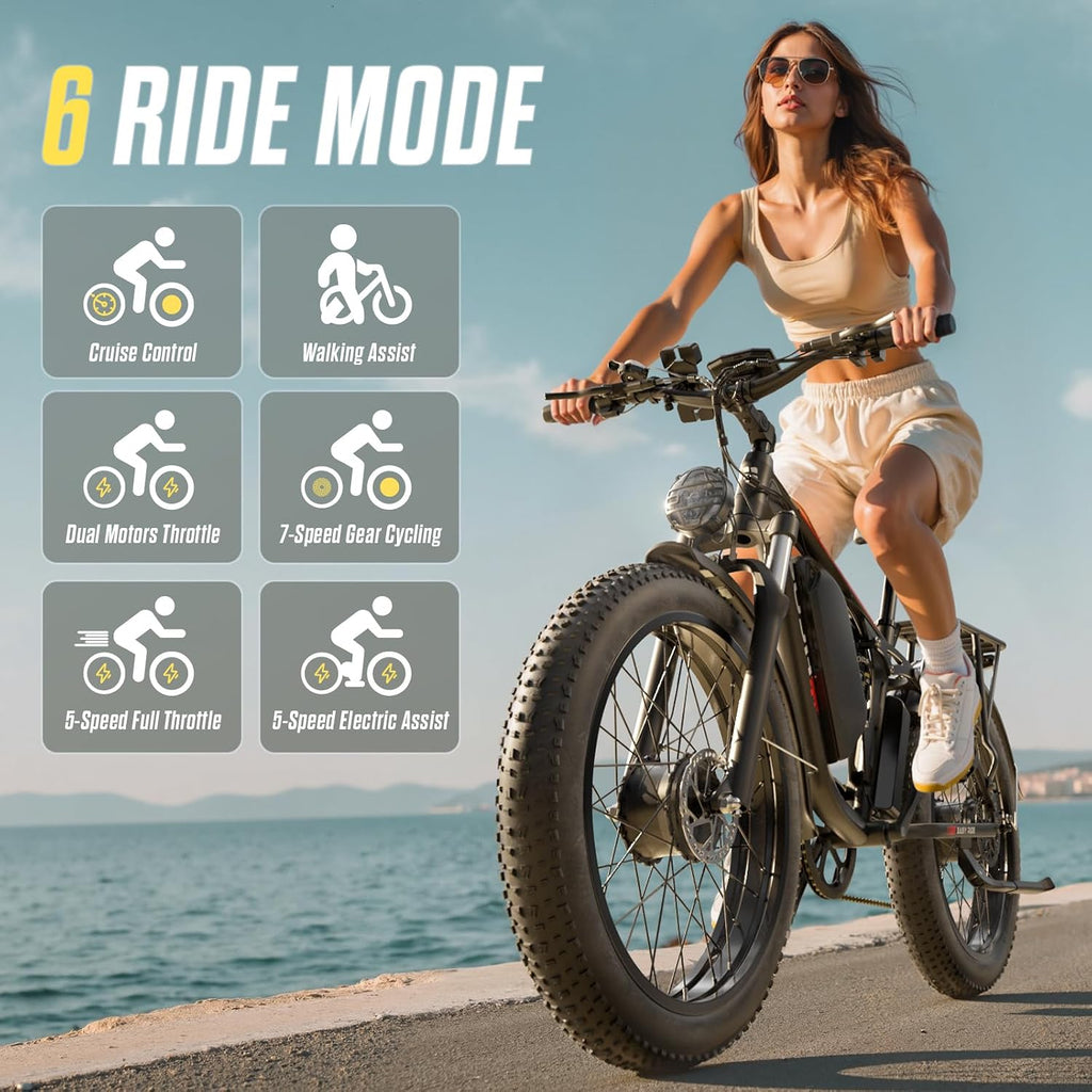 Electric Bike, 60V 20Ah 6000W Dual Motors, 26' Fat Tires Fast Ebike, Max 50mph 35-100 Mile Range, Full Suspension Hydraulic Brakes, for Off-Road Mountain Riding Adventures