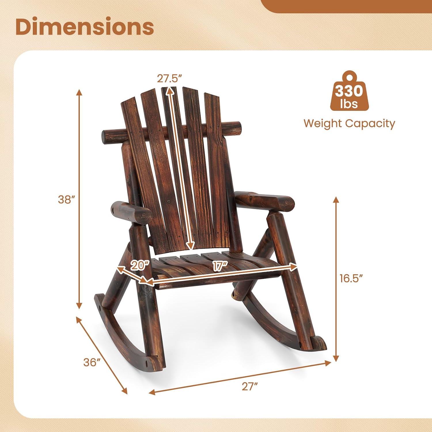 Giantex Outdoor Wooden Rocking Chair, Adirondack Porch Rocker with High Back and Wide Seat, Rustic Log Patio Chair for Front Porch Backyard Garden Balcony Deck, Brown (27'x36'x 38')
