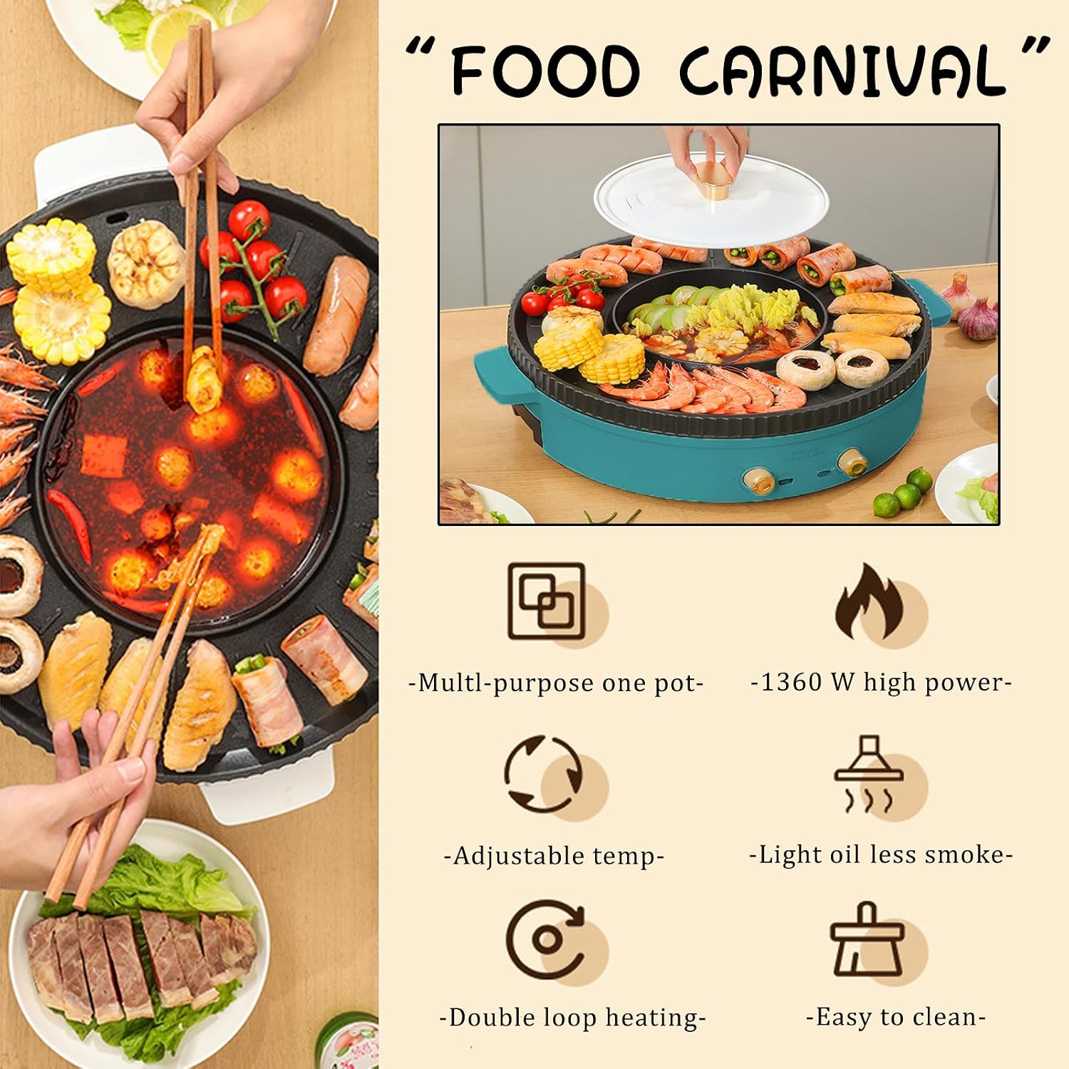 Household Electric Hot Pot with Grill, Teppanyaki Grill Pot and BBQ Pan, Independent Temperature Control, Non-stick Coating, Easy to Clean, For 3-12 People to Enjoy, 1700 W,A