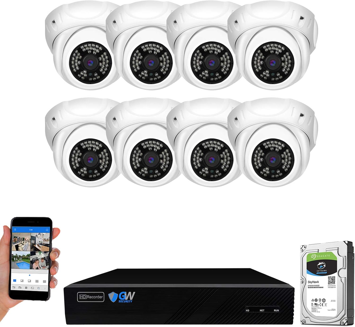 GW Security 8 Channel 4K NVR 5MP H.265 IP Surveillance Security Camera System with 8-Piece Super HD 1920P Weatherproof Video & Audio PoE Security Dome Cameras, AI Human Detection