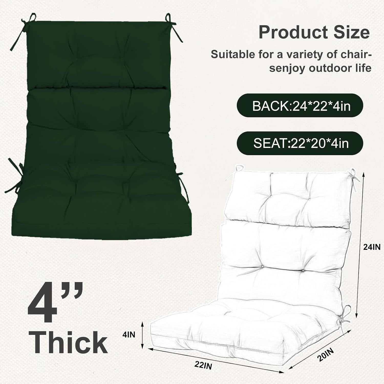 Outdoor High Back Chair Cushions 2-Pack, 44'x22'x 4' Fade-Resistant Waterproof Tufted Pads with Ties for Patio Rocking & Adirondack Chairs (Dark Green)