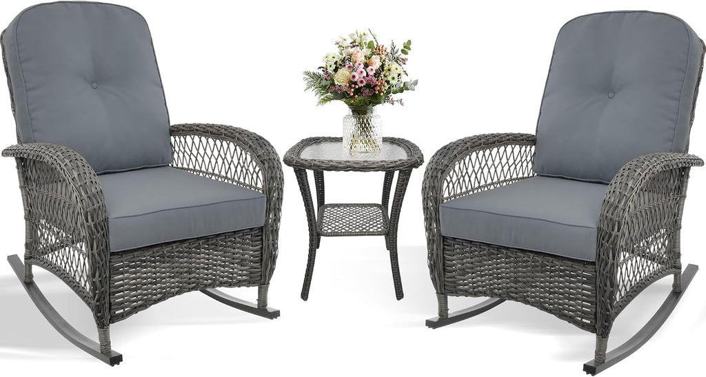 Wicker Rocking Chair Set of 2, 3-Piece Outdoor Patio Rocker Chair with Cushions & Steel Frame, All-Weather Outdoor Rattan Rocking Chair with Side Table for Lawn Porch Garden (Grey, Style 3)