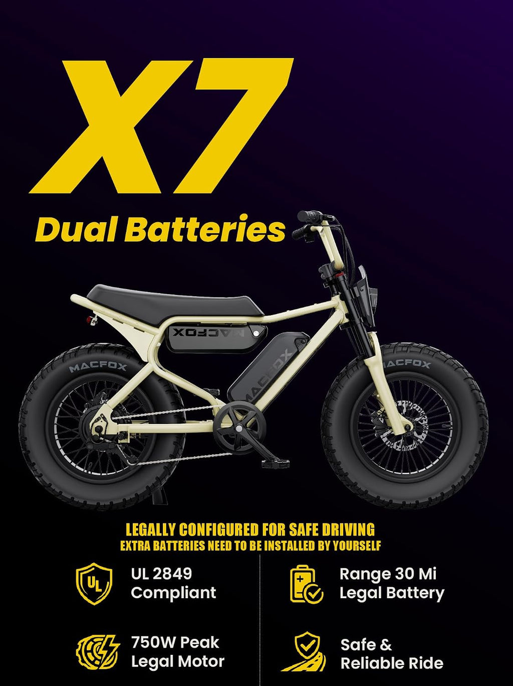 MACFOX X7&X7L Electric Bike for Youth, 750W EBike with Hydraulic Brakes, 48V 13Ah Removable Battery 30 Mile Range, Upgraded 20x5.0 Rear Fat Tire Designed for School/City Commuting (UL2849 & Class-2)