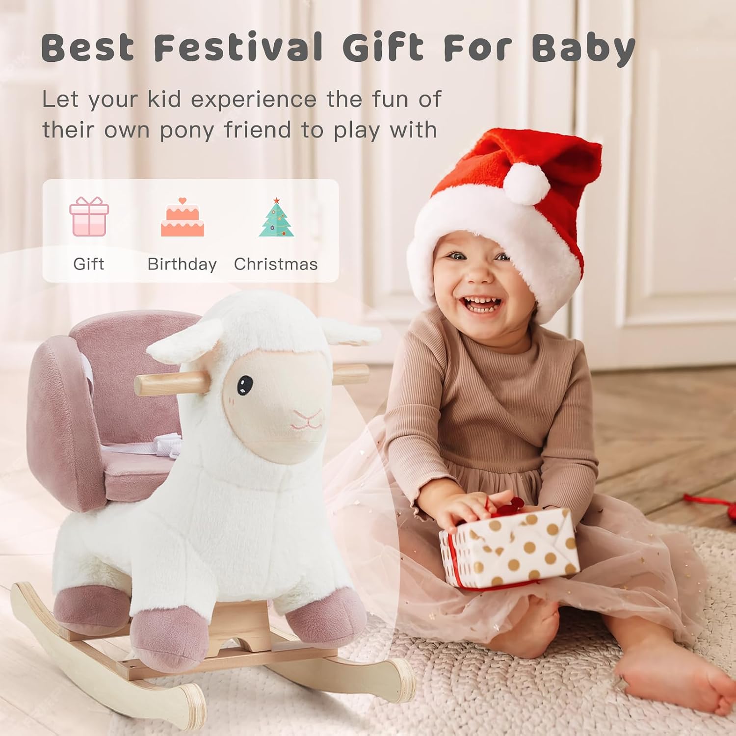 labebe - Baby Sheep Rocking Horse, Kids Plush Stuffed Rocking Animals, Ovis Aries Rocker with Seatbelt for 6 Months Babies, White Romney Rocking Horse for Toddler 1-3 Age Girl