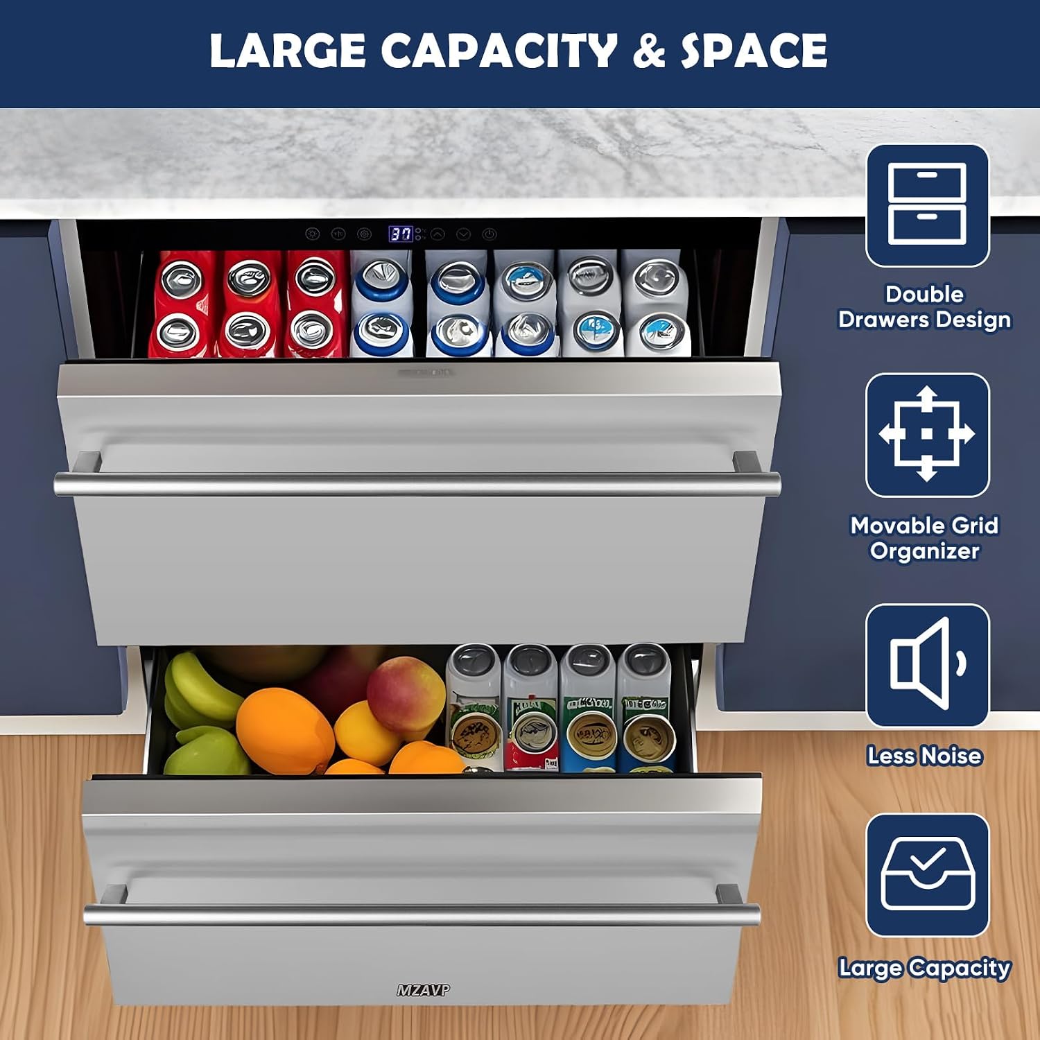 24 Inch Double Drawer Fridge, Stainless Steel Outdoor Beverage Refrigerator for Patio and Kitchen, Freestanding or Built-In, Mobile Grid Organizer, Home and Commercial Use