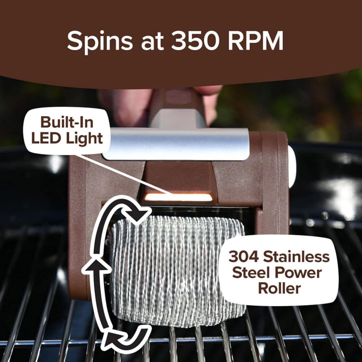 Spinning Grill Brush with Led Rechargeable Electric Grill Stainless Steel Brush Detachable 350 RPM Stainless Roller Blast Away Burnt-On Food,for Outdoor BBQ