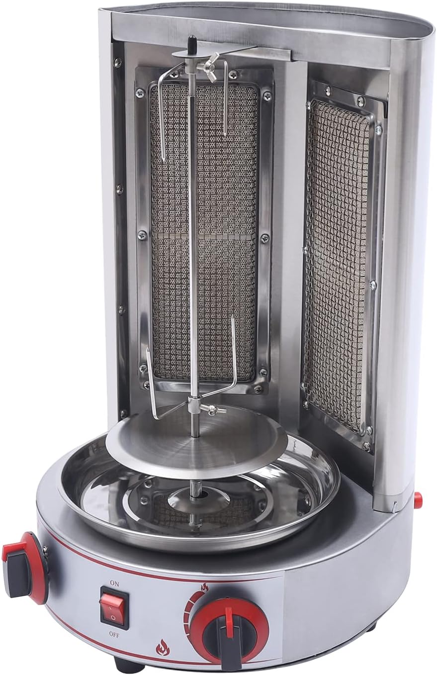 Gas Shawarma Machine Commercial Shawarma Rotisserie, LPG Gyro Machine Gas Vertical Broiler, Countertop Gyro Grill 360° Rotating Doner Kebab Machine Commercial Shawarma Grill w/ 2 Burners