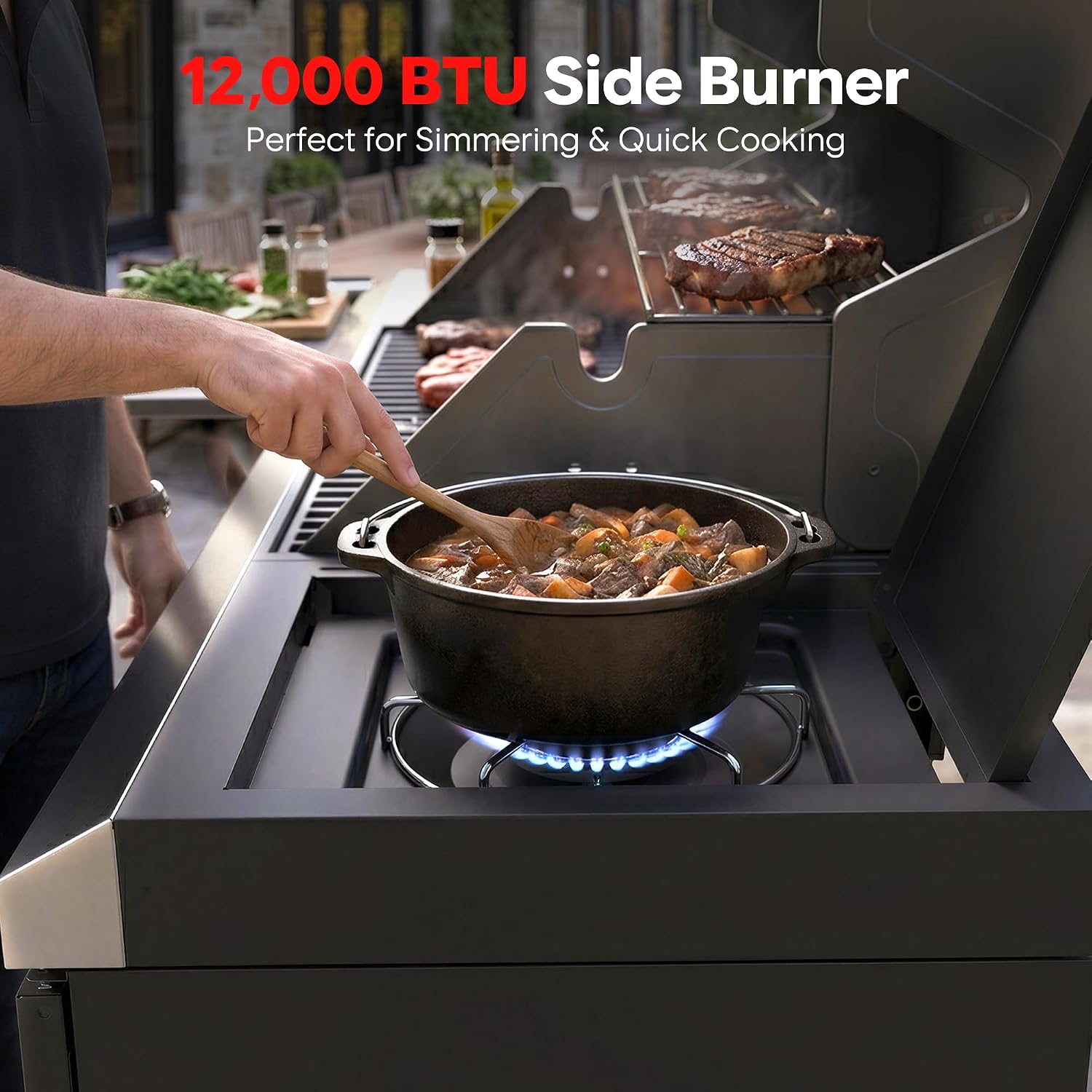 Brand-Man Propane Gas Grill Island Outdoor Kitchen & Storage Cabinets, 52000 BTUs Stainless Steel Burner Patio Cooking BBQ Grill with Side Burner - Natural Gas Convertible, Black (5 Burner)