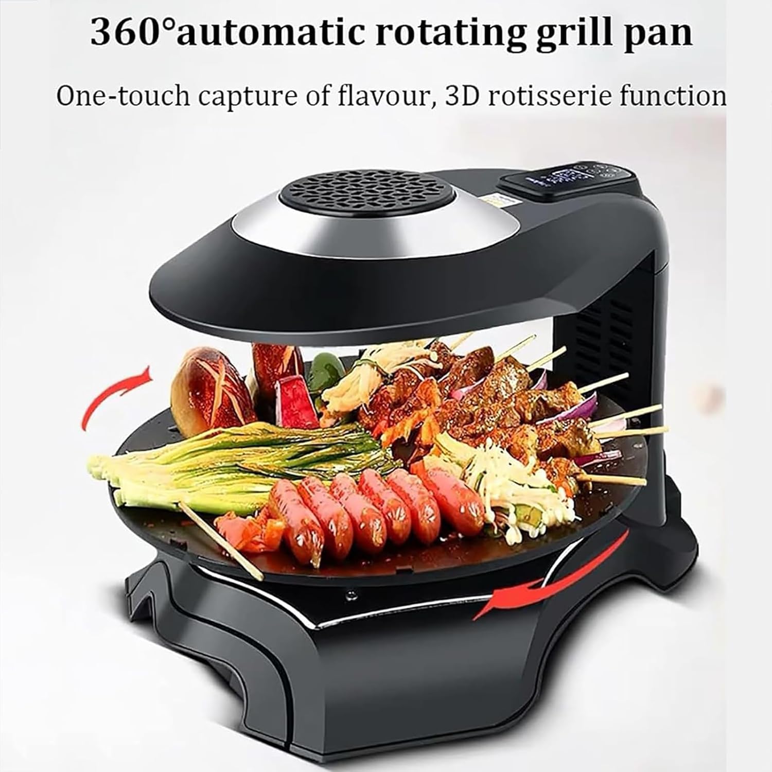 ERICAT Smokeless Indoor Grill, 1400W Smokeless Barbecue Machine with LCD Display Screen, 360° Automatic Rotating Baking Pan and Adjustable Temperature Range, Removable Baking Pan, for Party, Camping
