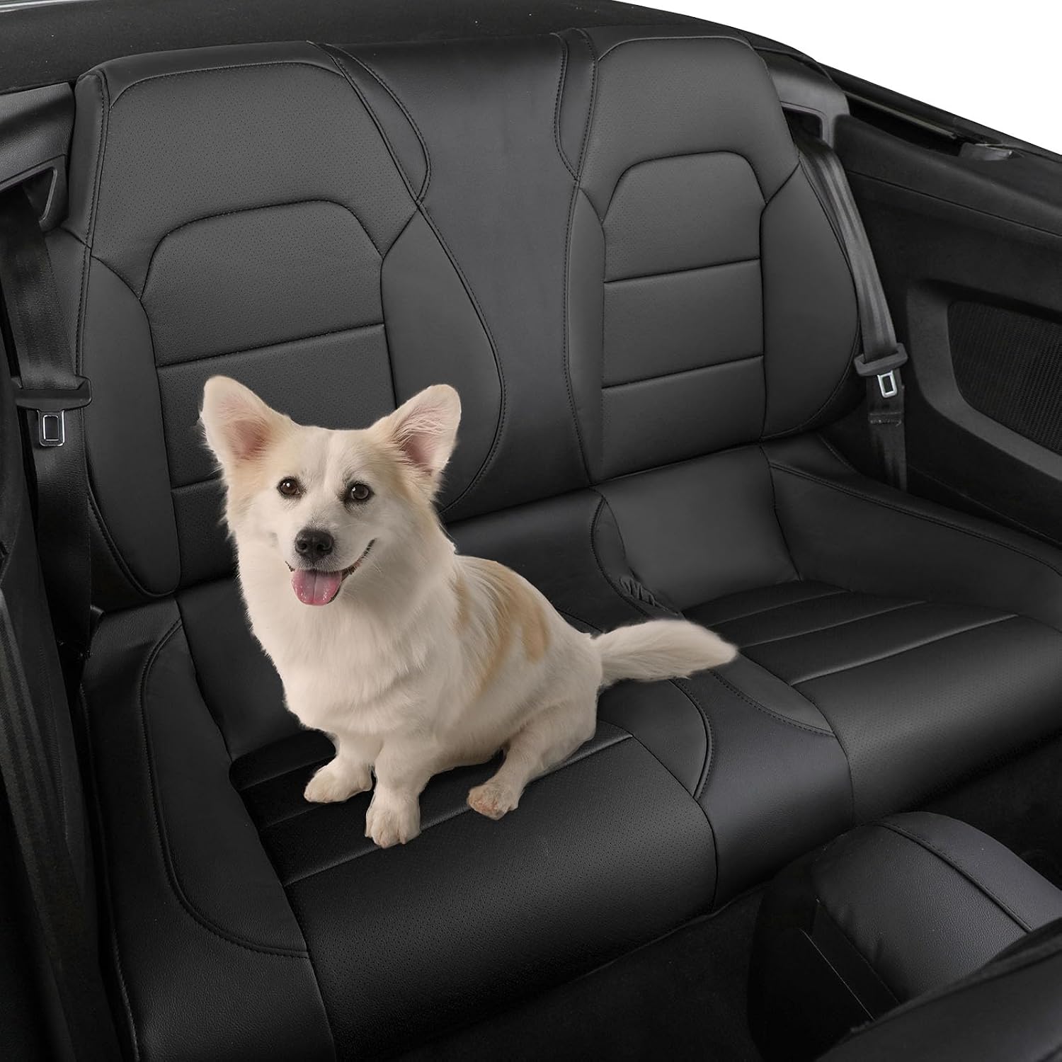 coverdream Mustang Leather Car Seat Covers Custom Fit for 2015-2024 2026 Ford Mustang Convertible,Rear Row One-Piece Backrest,Fully Covered Waterproof Seat Protector (Full Set,Black)