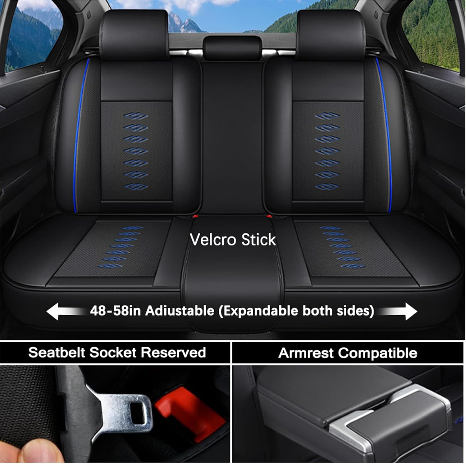 Leather Seat Covers for Jaguar XJ8 2000-2008,Premium Car Seat Covers Full Set,Waterproof Car Seat Protectors with Airbag,Comfort Interior Cover Seats for Cars(Black+Blue)