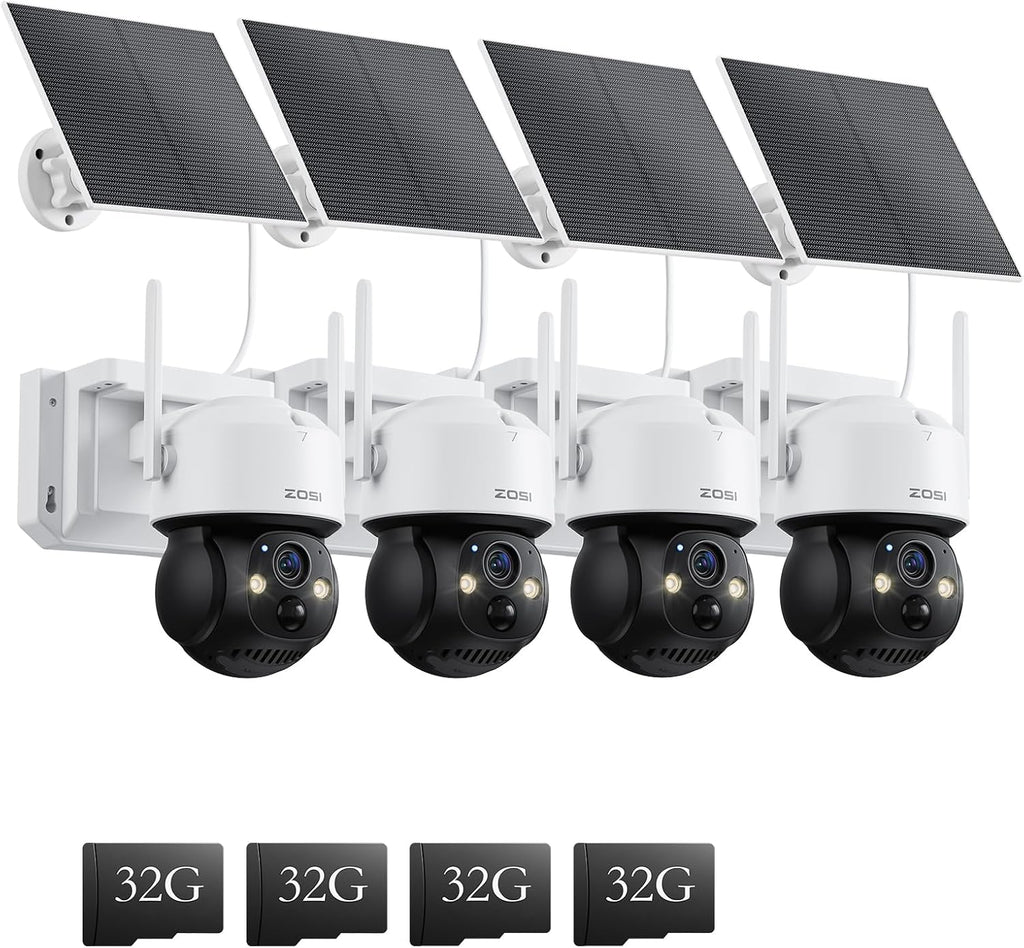ZOSI C291 4 x 2.5K 4MP Wireless Battery Security Camera Outdoor, Solar Powered Pan/Tilt Camera, 360 View, Human Detect, Auto Track, Color Night Vision, 2-Way Talk, Light Siren Alarm, 32GB Memory Card