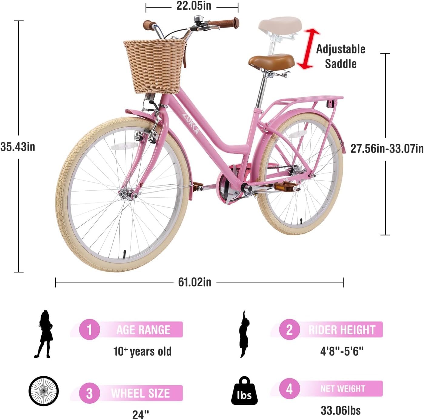 24 Inch Girls Bike ，Girls Bike with Basket for 10+ Years Old Kids，No Training Wheels Included ，Single Speed,Multiple Colors