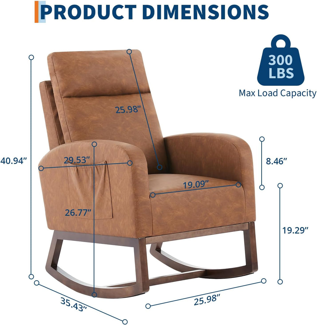 Nursery Rocking Chair, Comfy Modern Glider Rocking Chair with High Backrest and Armrest, Teddy Upholstered Rocking Accent Chair with Side Pockets for Living Room, Bedroom, Office,Brown