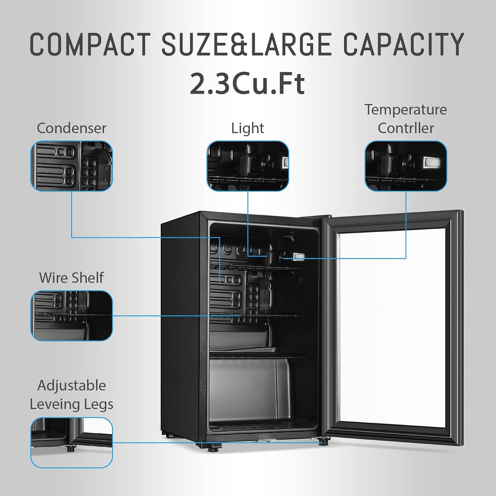 HAILANG Beverage Refrigerator, 2.3 Cu.Ft, Mini Fridge with Glass Door for Soda Beer, Freestanding Beverage Cooler for Office, Bar, Adjustable Shelving&Adjustable Foot