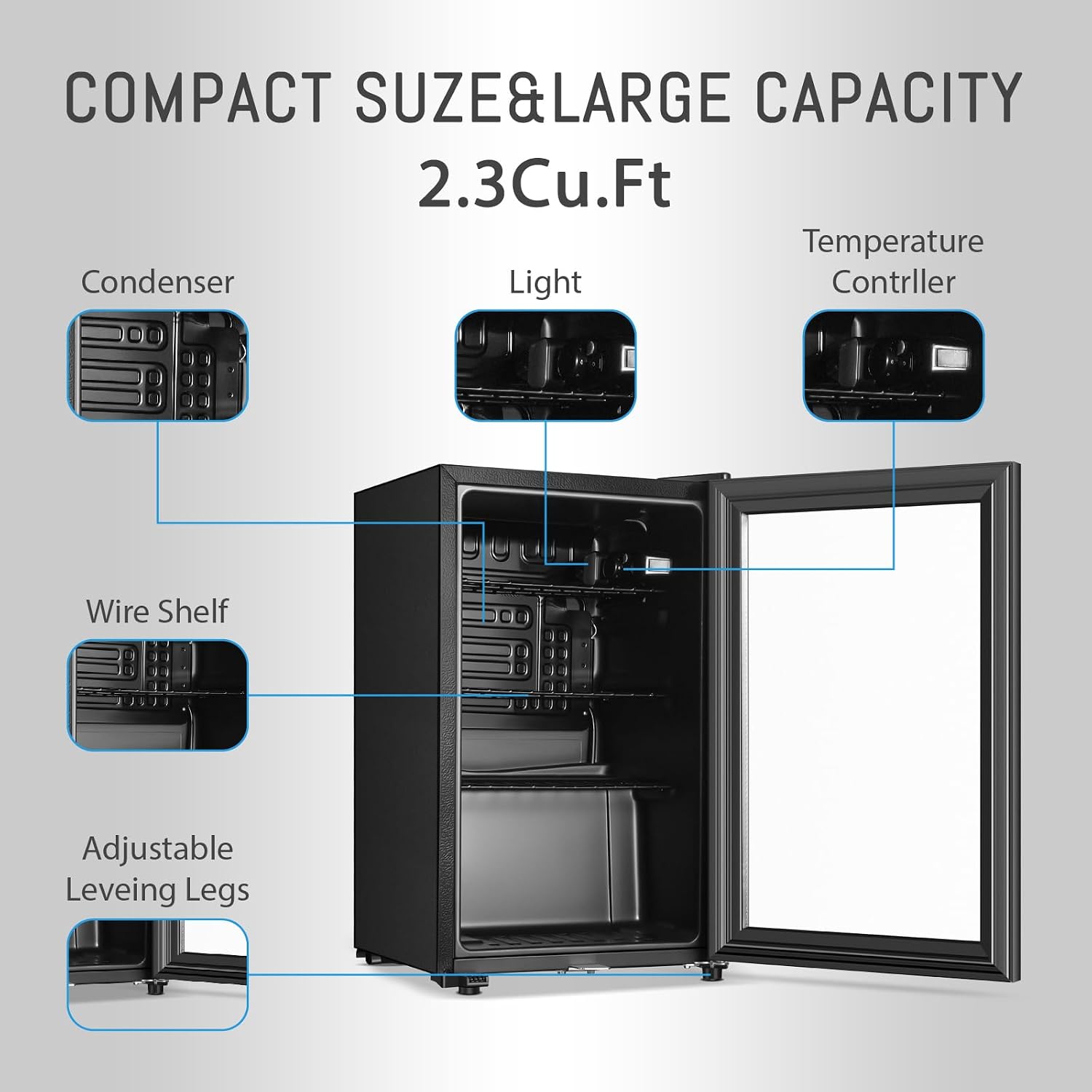 HAILANG Beverage Refrigerator, 2.3 Cu.Ft, Mini Fridge with Glass Door for Soda Beer, Freestanding Beverage Cooler for Office, Bar, Adjustable Shelving&Adjustable Foot
